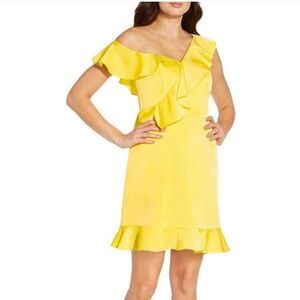 Aidan Mattox Yellow Satin Ruffle Off Shoulder Mini Cocktail Dress Size 0